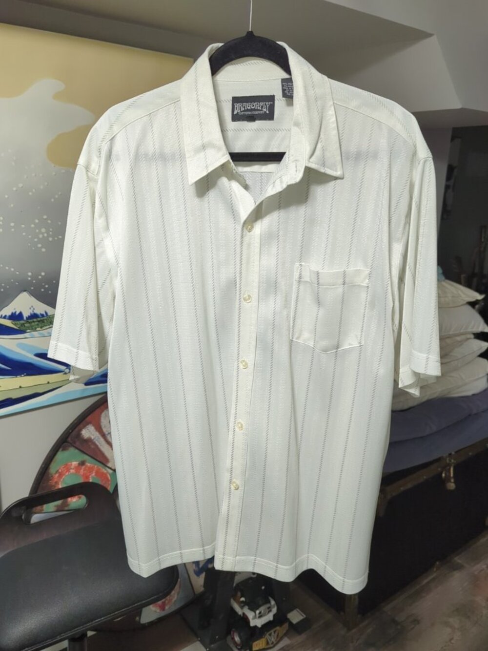 Dragonfly Mens Sheer Striped Club Shirt Size XL White Silver Retro Y2K 90s